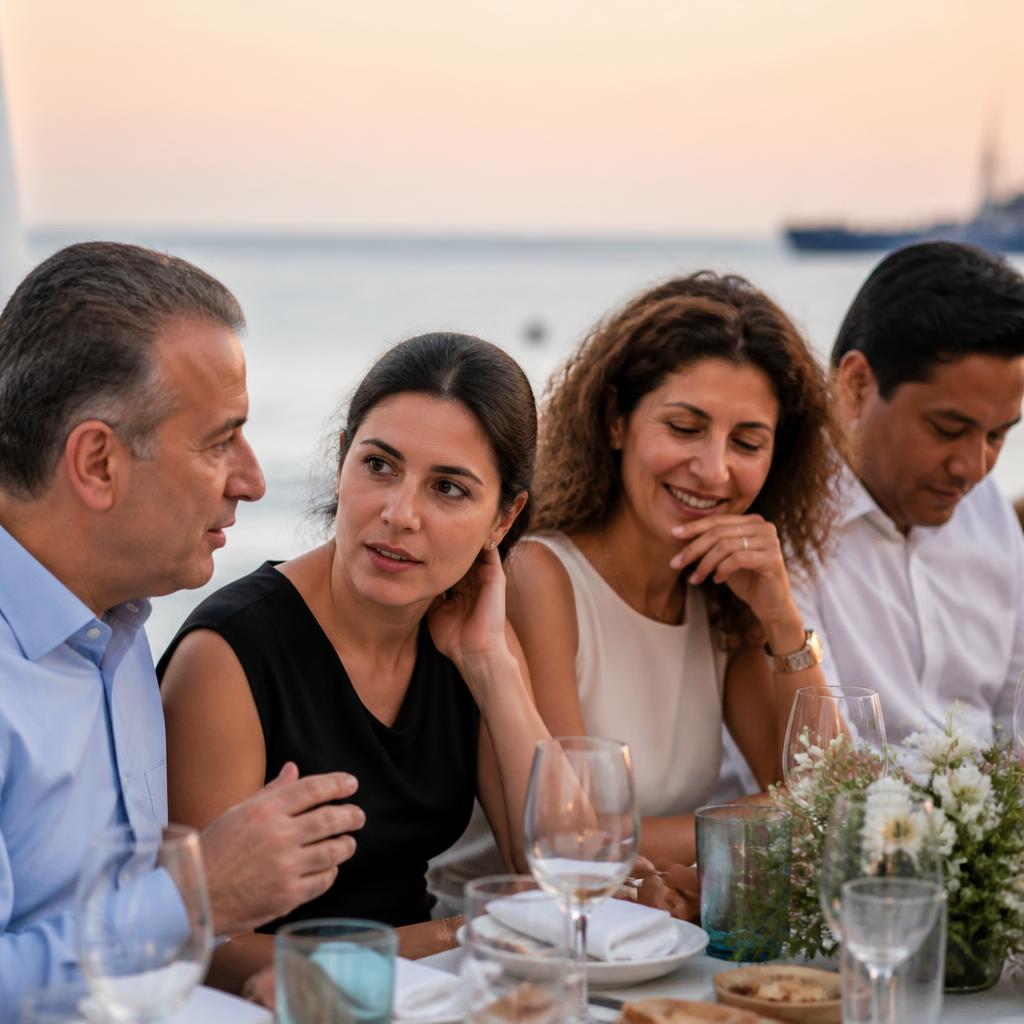 Four colleagues in conversation at a Cyprus seaside corporate dinner