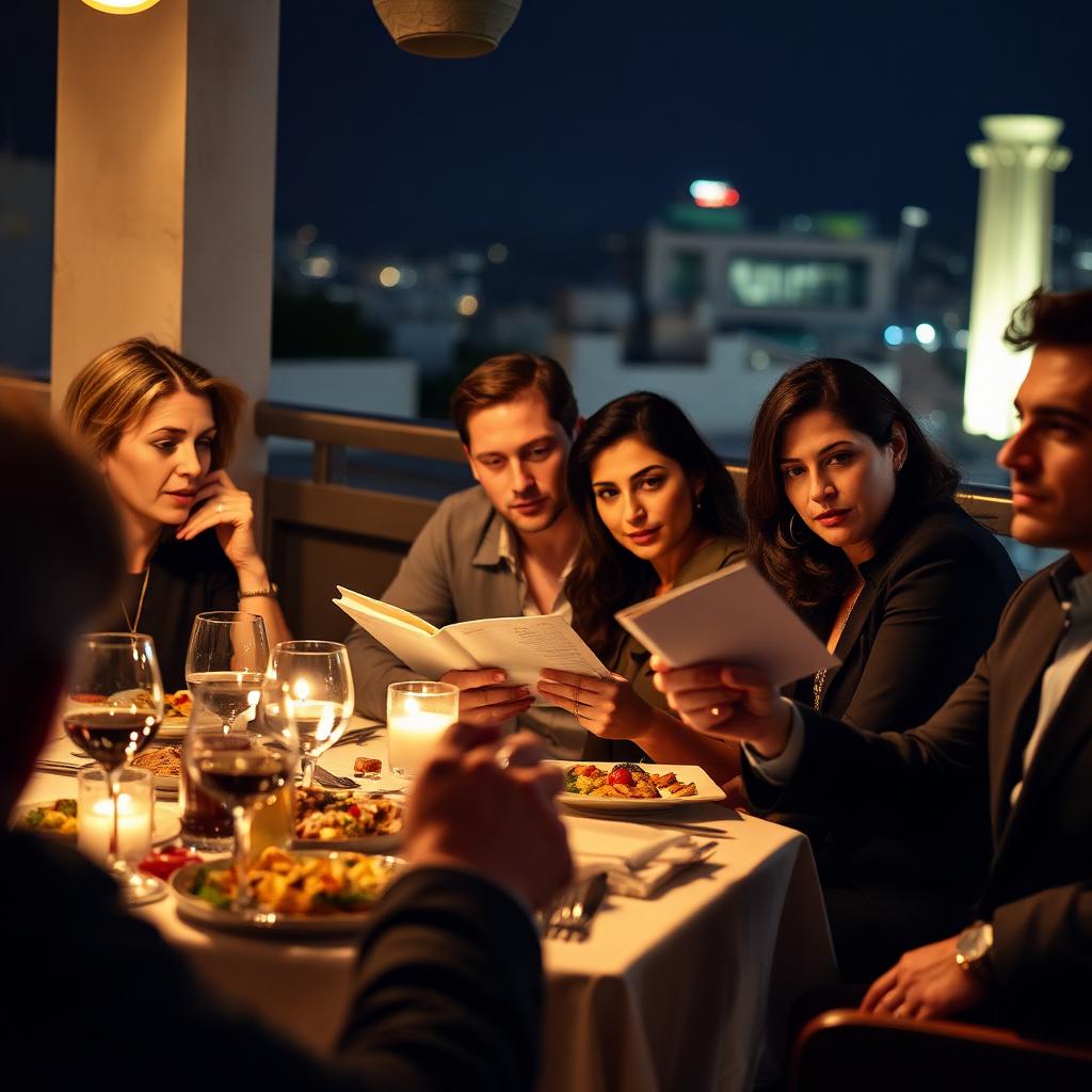 Colleagues in conversation at an Athens rooftop dinner